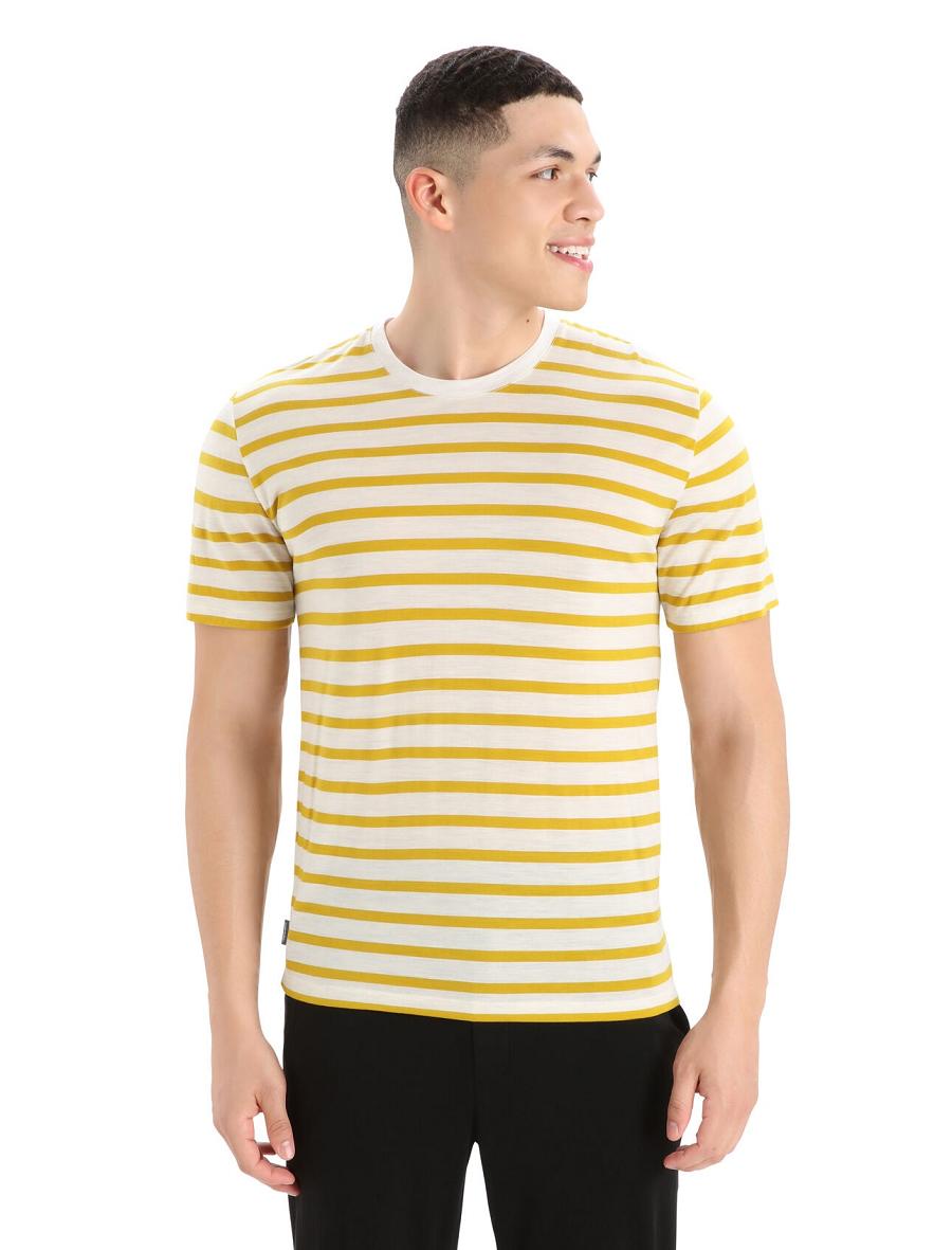 Ecru Heather / Silent Gold Men\'s Icebreaker Merino Drayden Short Sleeve Stripe T Shirts | USA 1185QMAZ